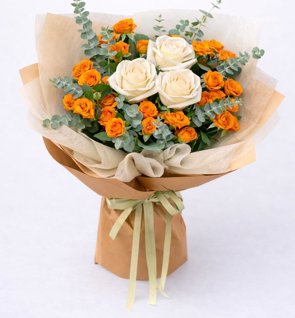Orange Spray Roses & White Roses Bouquet