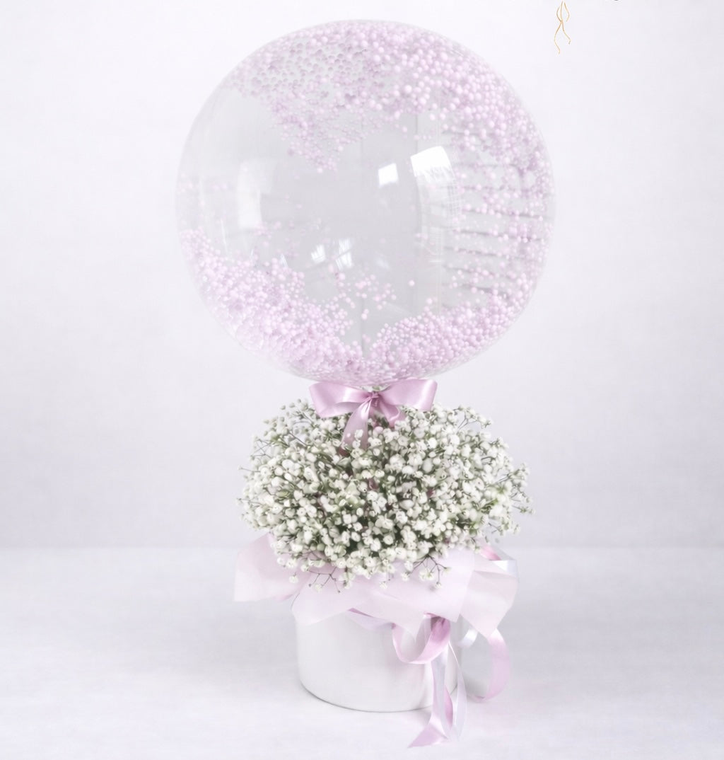 Blush Bubble Balloon & Baby’s Breath Arrangement