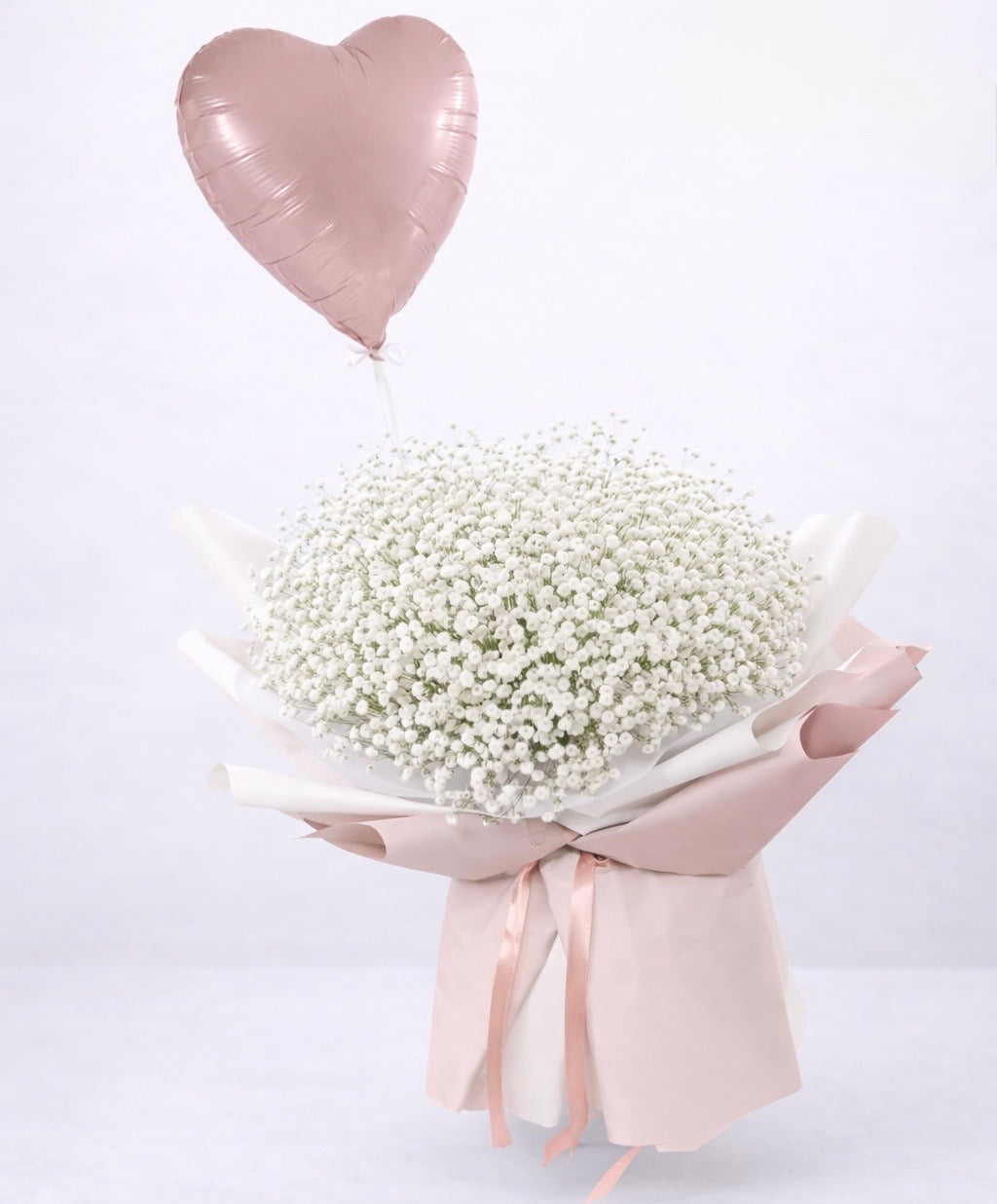 Blush Helium Heart Balloon & Baby’s Breath Bouquet