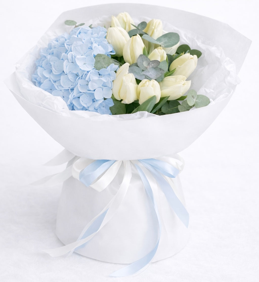 Blue Hydrangea & White Tulips Bouquet
