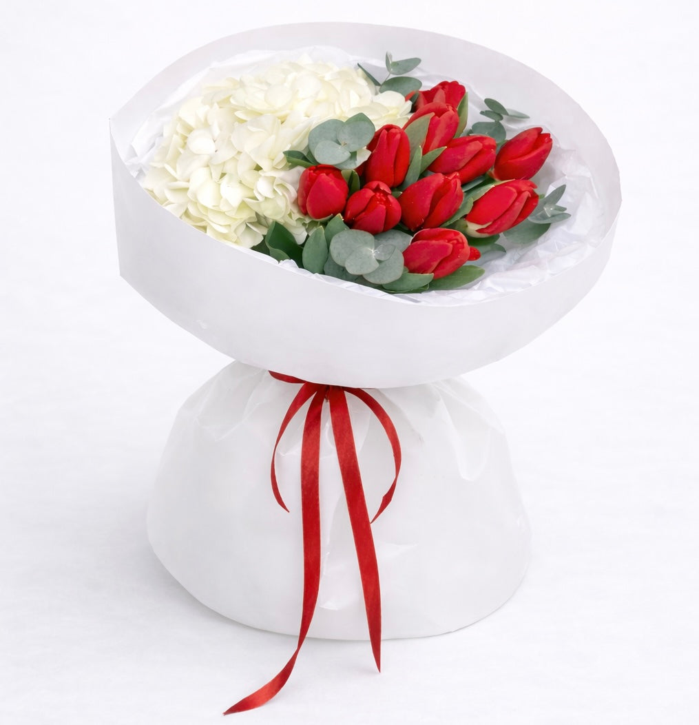 Red Tulips & White Hydrangea Bouquet