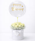 White Roses Hat Box with Birthday Bubble Balloon