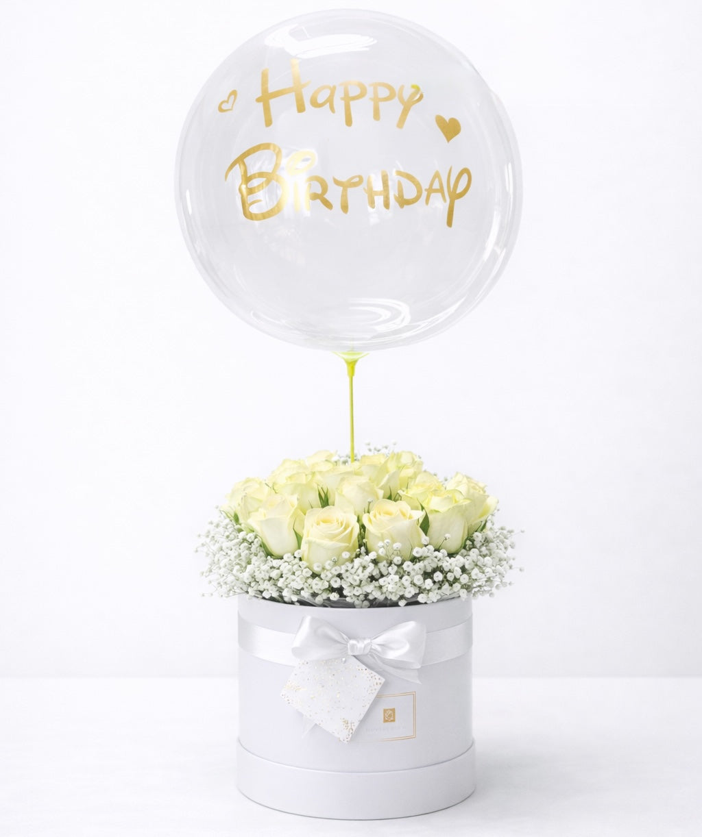 White Roses Hat Box with Birthday Bubble Balloon
