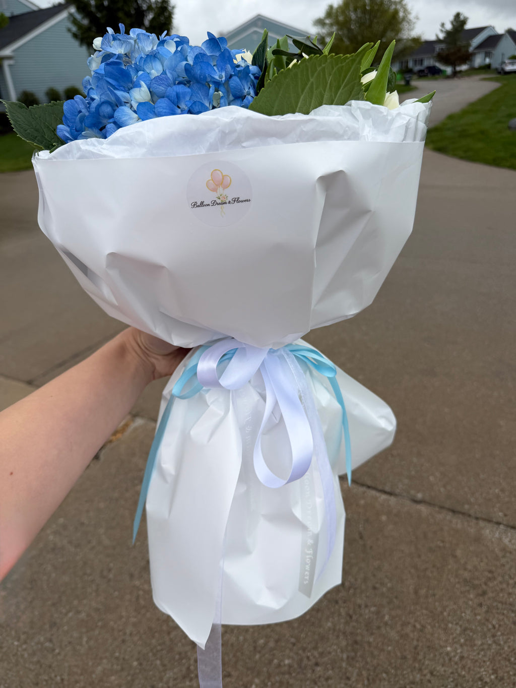 Blue Hydrangea & White Tulips Bouquet
