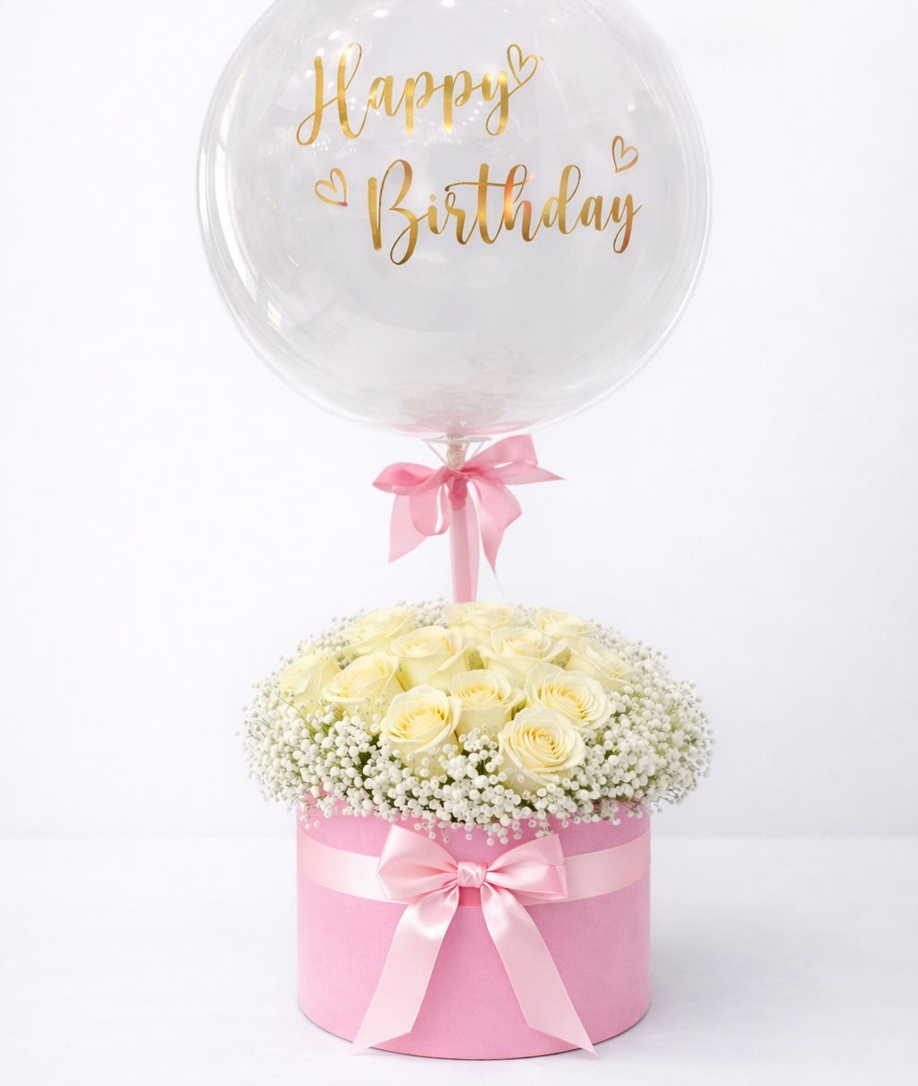 White Roses Hat Box with Birthday Balloon