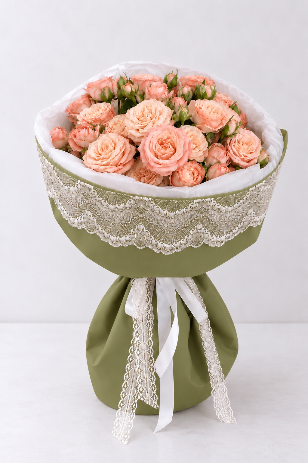 Peach & Olive Lace Rose Bouquet
