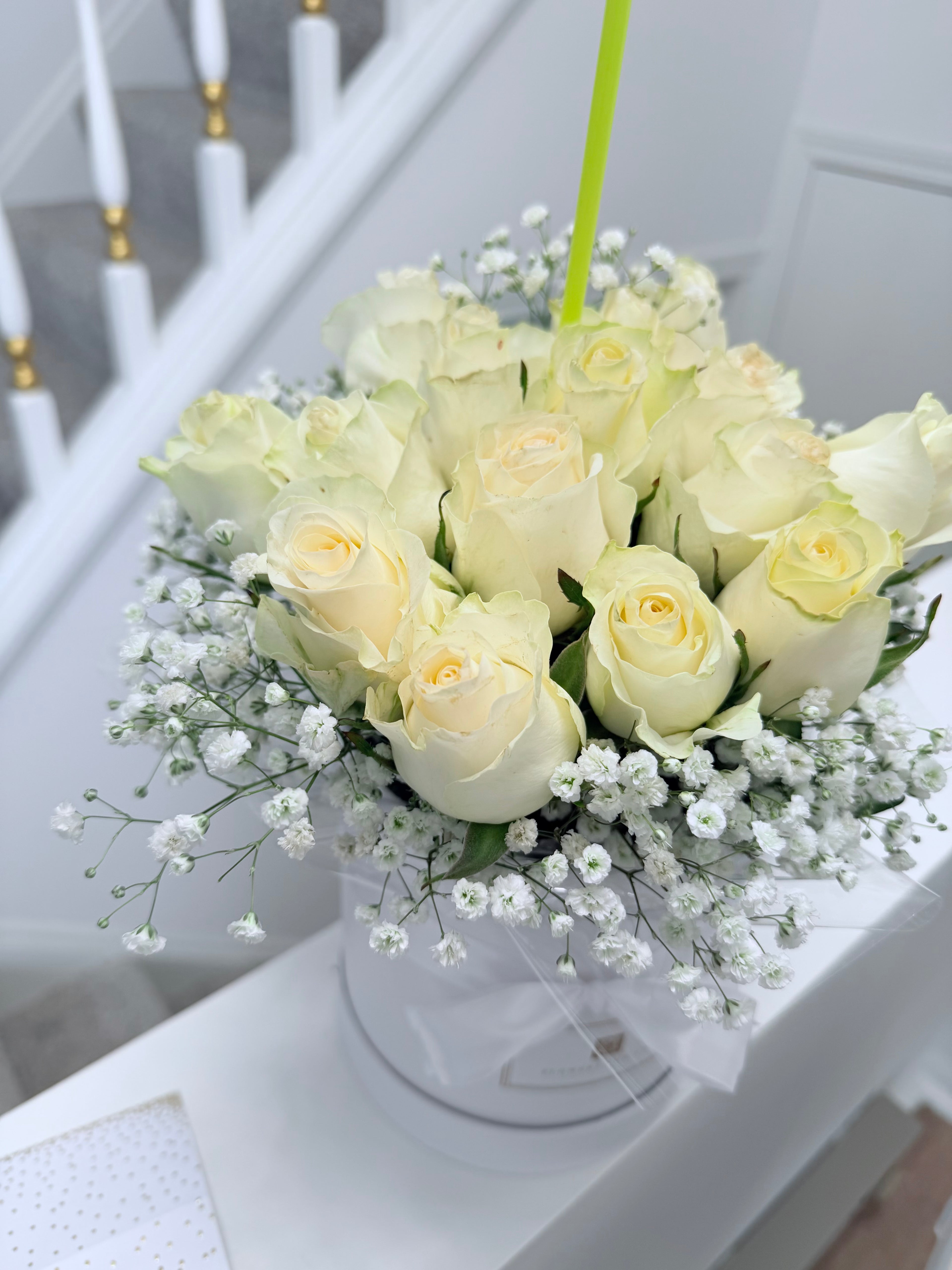 White Roses Hat Box with Birthday Bubble Balloon