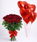 Red Roses Bouquet with Helium Heart Balloons